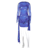 Damen-Herbst-Langarm-Streamer-Mode-Batikdruck, gerafftes, figurbetontes Kleid für Frauen