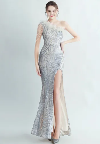 Feather beaded Slash Shoulder formal Party evening dress
