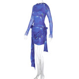 Damen-Herbst-Langarm-Streamer-Mode-Batikdruck, gerafftes, figurbetontes Kleid für Frauen