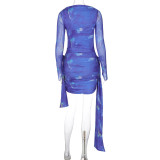 Damen-Herbst-Langarm-Streamer-Mode-Batikdruck, gerafftes, figurbetontes Kleid für Frauen