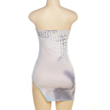 Summer Women's Fashionable Printing Strapless Low Back Slim Slit Bodycon Dress