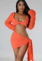 Women's Autumn Sexy V Neck Bubble Top Lace Up Open Waist Skirt Holidays two piece set