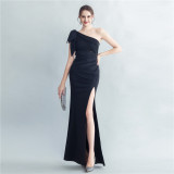 Lace Beaded Slash Shoulder Formal Party Side Slit Evening Gown