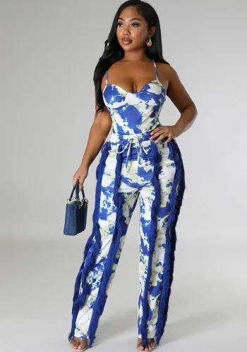 Women's Two-piece Pants V-Neck One-Piece bodysuit Top Sexy Tie-Dye Tassel Trousers Set