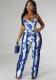 Women's Two-piece Pants V-Neck One-Piece bodysuit Top Sexy Tie-Dye Tassel Trousers Set