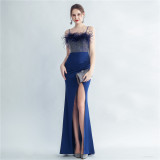 Feather Beaded straps Side Slit formal party Evening Dress