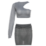 Summer women's fashion knitting hollow top high waist Bodycon Tight Fitting skirt two piece set