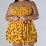 Summer Sexy Print Wrapped Chest Strapless Top Shorts Two-piece Plus Size Women's Set