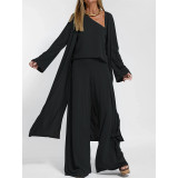 Autumn and spring fashion women's T-shirt cardigan long-sleeved jacket Casual wide-leg pants four-piece set