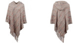 Women Hooded Striped Tassel Cape Shawl