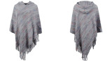 Women Hooded Striped Tassel Cape Shawl