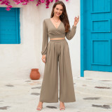 Plus Size Women V-neck Long Sleeve Top+ Straight Trousers Two-Piece Set