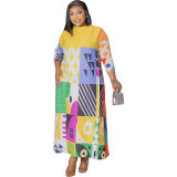 Women Casual 3/4 Sleeve Printed Color Block Maxi Dress