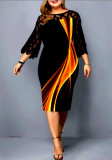 Plus Size Damen Bedrucktes Spitzen-Patchwork-Kleid mit kurzen Ärmeln