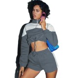 Women Casual Colorblock Long Sleeve Top and Short Two-Piece Set