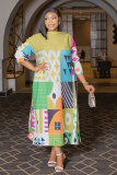 Women Casual 3/4 Sleeve Printed Color Block Maxi Dress