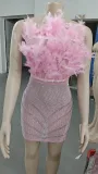 See-Through Slim Feather Beaded Sleeveless Strapless Bodycon Dress
