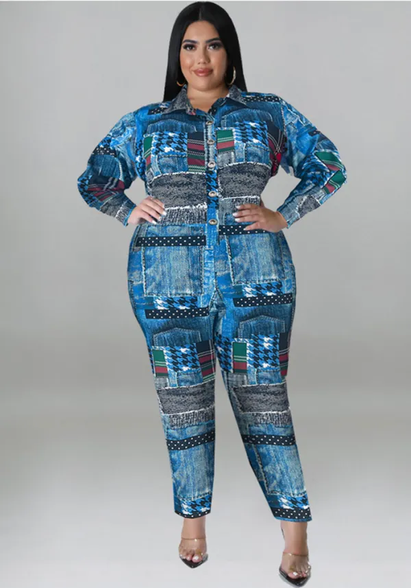 Plus Size Women's Fall Print Long Sleeve Jumpsuit