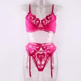 Summer Pink Big Heart Print Underwired Bra Thong Sexy Lingerie Three-Piece