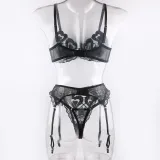Summer Pink Big Heart Print Underwired Bra Thong Sexy Lingerie Three-Piece