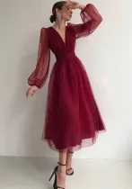 Women Fall V-Neck Mesh A-line Party Dress