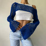 Women's Cute Crochet Crop Top Y2k Knitting Long Sleeve See-Through Shawl Beach Cover Up