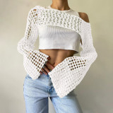 Women's Cute Crochet Crop Top Y2k Knitting Long Sleeve See-Through Shawl Beach Cover Up