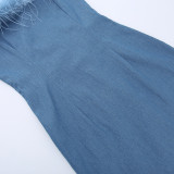 Schulterfreies, figurbetontes Jeanskleid mit Fransen in Übergröße