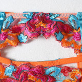 Sexy color matching embroidery large flower belt underwire bra garter belt leg circumference thong sexy underwear four-piece set