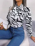 Autumn And Winter Chic Color Contrast Striped Tie Lantern Sleeve Chiffon Shirt Women's Clothing