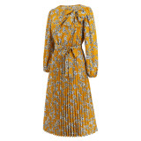 Herbst Damen Maxi Plissee Langarm Blumenkleid Vintage Schleife Kleid