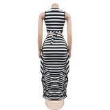 Ladies' Fashion Stripe Sleeveless Crop Top Maxi Skirt Two-Piece Set