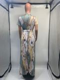 Short Sleeve Printed Pleated Plus Size Maxi Dress