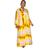 Fashion Painted And Printed V-Neck Long-Sleeved Long Swing Dress Maxi Dress