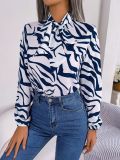 Autumn And Winter Chic Color Contrast Striped Tie Lantern Sleeve Chiffon Shirt Women's Clothing