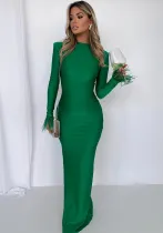 Women's Spring Fashion Chic Round Neck Solid Color Slim Fit Feather Long Sleeve Dress