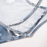 Sommer-Denim-Musterdruck, schmale Passform, niedriger Rücken, eng anliegende Freizeithose