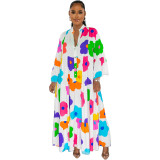 Fashion Painted And Printed V-Neck Long-Sleeved Long Swing Dress Maxi Dress