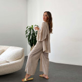 Linen Suit Cardigan Long-Sleeved Top Wide-Leg Trousers Two-Piece Set