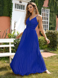 Fashion Sexy Solid Strap Backless Pleat Maxi Dress
