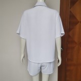 Fashion Casual Set Solid Color Classic Single Breasted Short Sleeve Shirt Elastic Waist Shorts Two-Piece Set