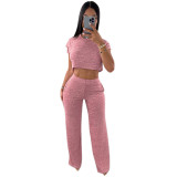 Women's Fall Fashion Loose Crop Short Sleeve Top Trousers Casual Two Piece Set