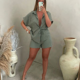 Fashion Casual Set Solid Color Classic Single Breasted Short Sleeve Shirt Elastic Waist Shorts Two-Piece Set