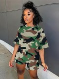 Women's Camouflage Print Short Sleeve Two Piece Shorts Set