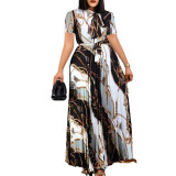 Short Sleeve Printed Pleated Plus Size Maxi Dress