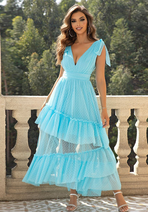 Stilvolles, sexy Trapez-Netzkleid mit V-Ausschnitt und Rüschensaum