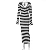 Women's Summer Fashion Sexy Long Sleeve Striped Print Dress