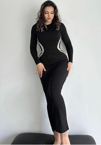 Women's Fall Fashion Solid Color Slim Fit Round Neck Long Sleeve Long Dress
