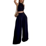 Fashion Casual Set Halter Neck Slim Fit Chic Tank Top Folded High Waisted Trousers Two-Piece Set