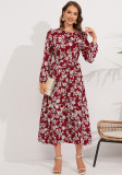 Herbst Damen Maxi Plissee Langarm Blumenkleid Vintage Schleife Kleid